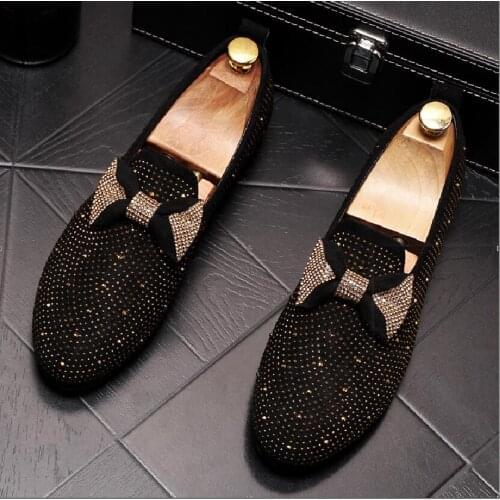 Men Shoes Bowknot loafers Black Diamond Rhinestones Spikes men shoes Rivets Casual Flats sneakers wholesale