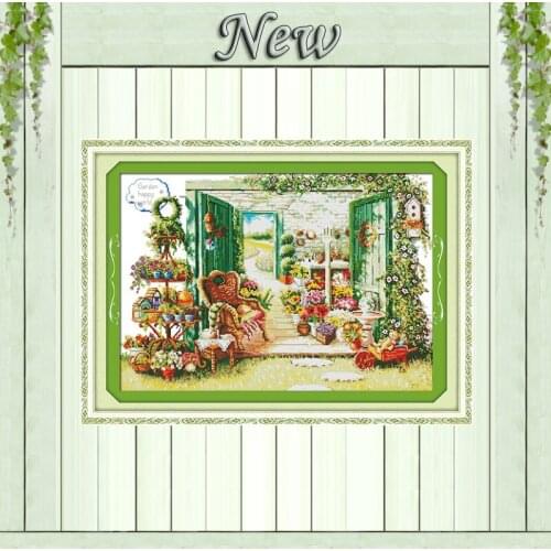 Flower shop garden Europe house Scenery,Counted print on the canvas DMC 14CT 11CT DIY Cross Stitch Needlework kit Embroidery Set
