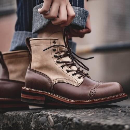 Yomior New Fashion Vintage Handmade Men Boots Lace-Up Mixed Colors Cow Leather Shoes Tooling Ankle Boots Desert Motorcycle Boots