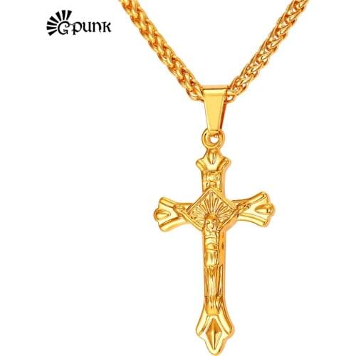 Catholic Christian Religious Cross Necklaces & Pendants For Men Women Gold color Wholesale P2101G