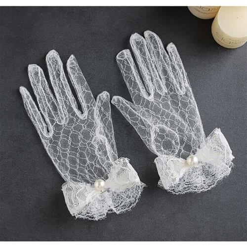 Real Photos Lace Bridal Gloves Short Wedding Accessories Lace with Pearls Lace Gloves Short Free Shipping New Arrival On Sale