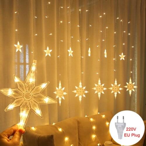 220V LED Star Snowflake Heart Christmas Curtain Icicle Light Fairy String Lights Garland For Party Wedding Home New Year Decor