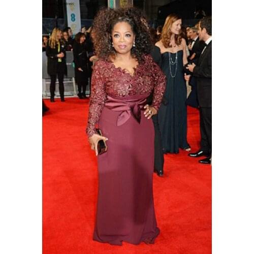 Burgundy Red Carpet Evening Dress Long Sleeves Lace Party Celebrity Inspired Event Gown