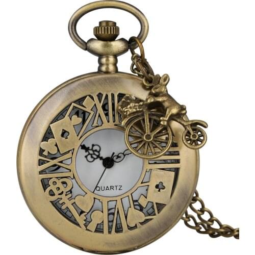 Vintage Old Bronze Alice in Wonderland Time Theme Pocket Watch High Quality Rabbit Key Lock Design Necklace Watch with Accessory