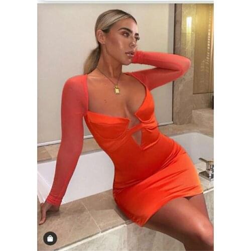 High Quality White Orange Long Sleeve Mini Fashion Women Bandage Dress Chic Evening Club Party Dress