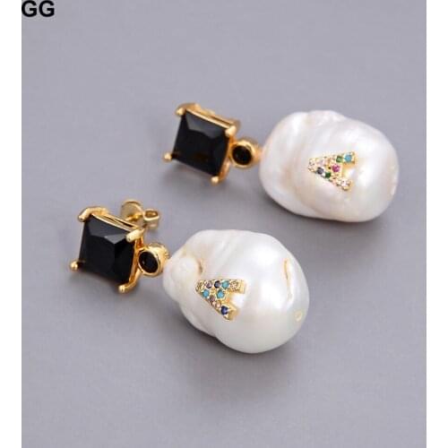 GuaiGuai Jewelry Natural Pearl Cultured White Baroque Keshi Pearl Black Cz Rhinestone Earrings