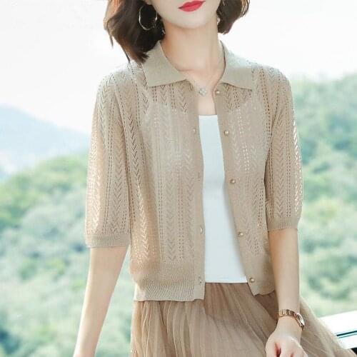 Women 2021 Summer Fashion Ice Silk Cardigan Coats Female Thin Sunscreen Shirts Ladies Solid Color Short Knitted Blouses W148