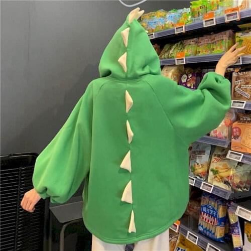 Hoodie Dinosaur Sweater Women 2021 Loose Korean Sculpture Girlfriend Autumn and Winter Sisters Outfit Plus Fleece Hooded Jacket
