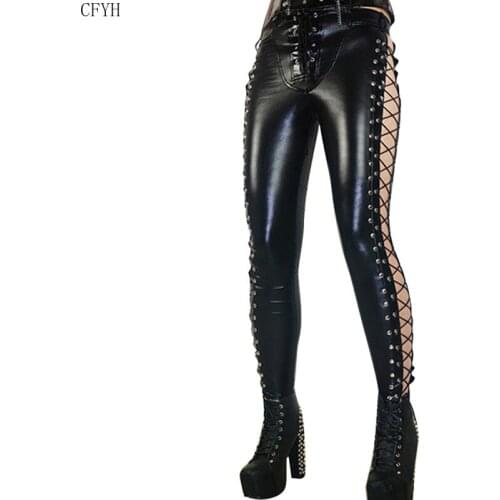 Women Long Pants Laced Up Punk Rock Leggings Heavy Metal Two Side Studded Faux Leather Pants Sexy