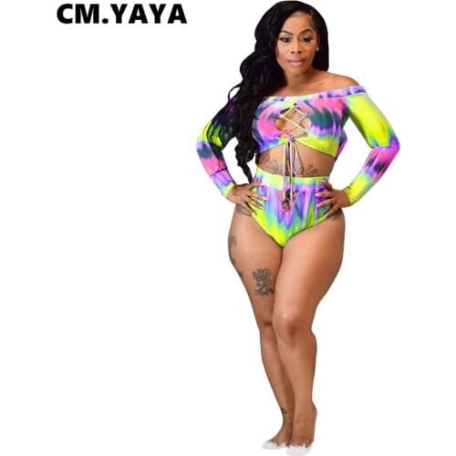 CM.YAYA Women Bikinis Sets Tie Dye Print Slash Neck Full Sleeve Crop Tops Elastic Shorts 2 Piece Set Sexy Swimsuit Beachwear