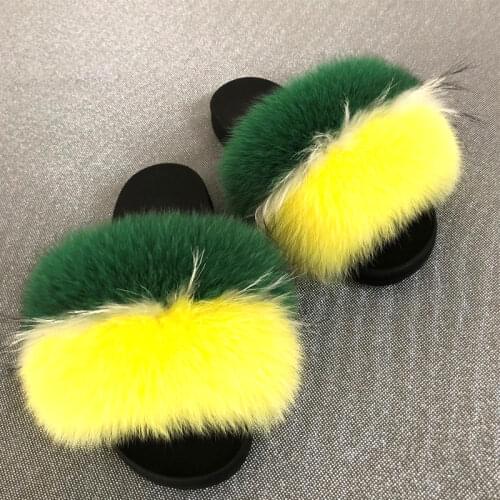Summer Furry Slippers Women Real Fox Fur Slides Beach Flip Flops Slippers With Feathers Really Fluffy And Soft Women Shoes