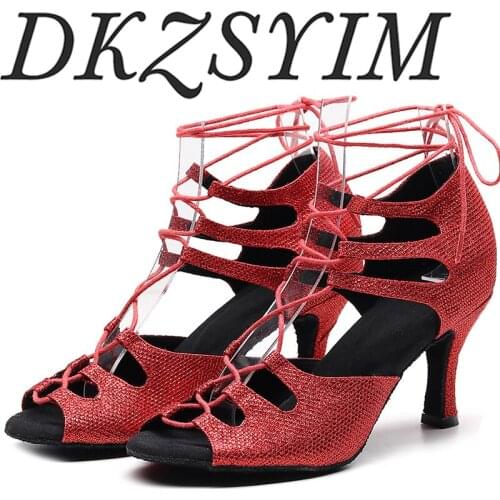 DKZSYIM Womens Ballroom Dance Latin Dance Shoes Red Salsa Tango Satin Social Shoes High Heels 6/7.5/8.5/9/10cm Suede Sole