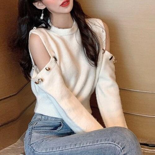 Off-the-shoulder diamond button pullover sweater women 2021 temperament new sweater ladies long-sleeved round neck top