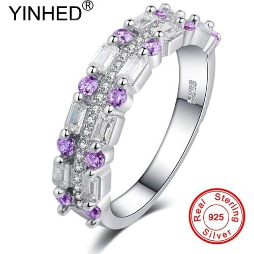 YINHED Authentic 925 Sterling Silver Ring Fashion Purple Color CZ Zircon Wedding Rings For Women Engagement Jewelry ZR661