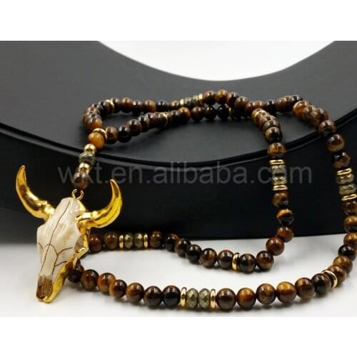 WT-N776 Handmade 32" Beads Necklace Design All-Match 8mm Tiger Eye and Hematite Beads with Charm Cattle Horn Necklaces Jewelry