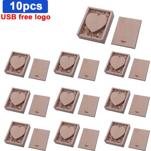 10pcs/lot Free Logo maple Wooden Heart USB + BOX USB Flash Drive Pendrive 64GB 32GB 16GB 8GB U Disk Photography Wedding Gifts