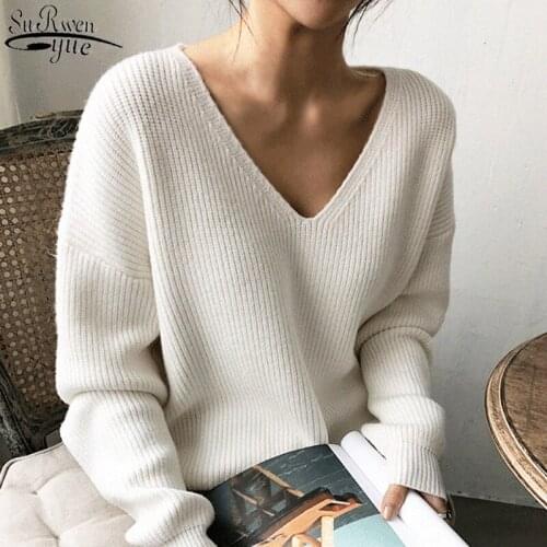 2021Korean V Neck Loose Simple Irregular Hem Sweater Winter Clothes Women Blouse Pullover Women Knitwear Bottoming Sweater 10526