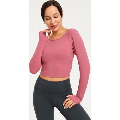Twist Back Seamless Yoga Shirts Women Long Sleeve Fitness Crop Top With Removable Pad Fitted Gym Tops Backless Workout Clothes