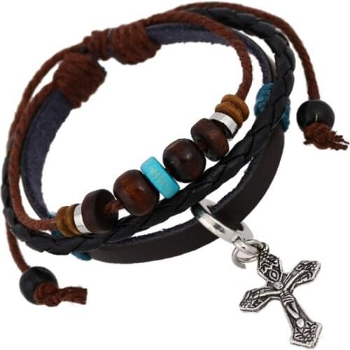 Fashion Vintage Retro Cross Bracelet Jesus Jewelry Adjustable Multi-layer Leather Wood Beads Charm Bangle Wrap Unisex Wristbands