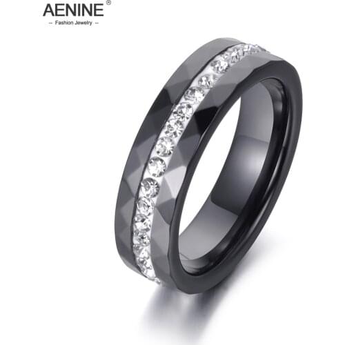 AENINE Classic White & Black Ceramics Rings Jewelry Clay Rhinestones Wedding Engagement Rings For Women Girls Anneaux AR18145