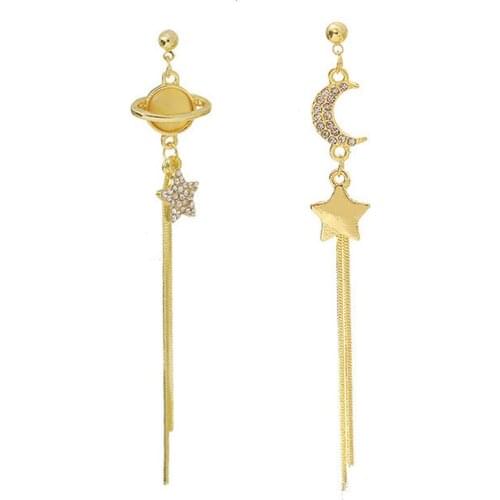 Korean Elegant Moon Star Tassel Earring For Women Gold Stud Dangle Jewelry Accessories Girls Party Gift
