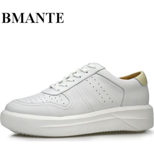 Bmante New Genuine Leather Men Shoes Casual Lace-up Flats Thick Bottom Solid Black White Sneakers Trainers Summer Male Adult