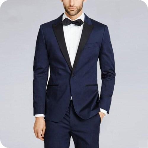 Hot Recommend One Button Blue Groom Tuxedos Groomsmen Peak Lapel Mens Suits Blazers (Jacket+Pants+Tie) W:911