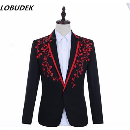Mens Applique Design Formal Suit Jacket Black-red Floral Blazers Male Singer Host Wedding Groom Dress Slim Coat Plus Size S-3XL