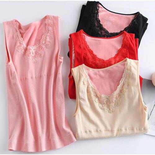 NEW Winter New Plus Velvet Thick Embroidered Collar Bottoming Vest Horse V-neck Lace Slim Warm Female Vest