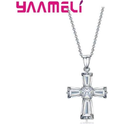 Original S925 Sterling Silver Women Men Necklace Shining Cubic Zirconia Paved Cross Pendant/Chain Wedding Party Accessories
