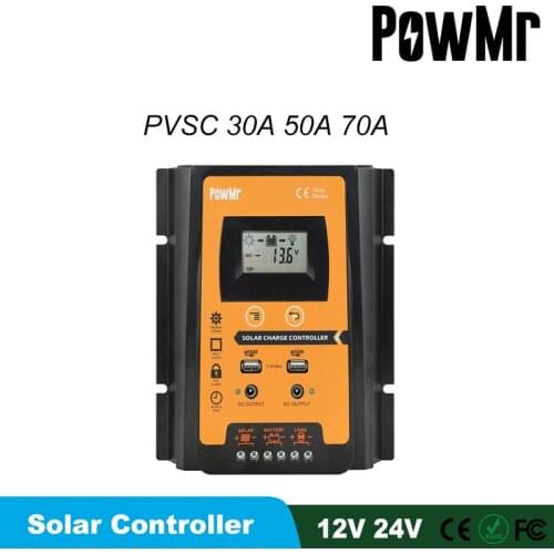 PowMr 70A 50A 30A Solar Charger Controller 12V 24V Auto Solar Panel Battery Regulator LCD Display Dual USB Output Solar System