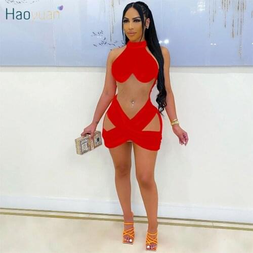 HAOYUAN Sexy Mesh Sheer Bodycon Mini Dress Y2k Clothes Summer Cut Out Birthday Outfits for Women Off Shoulder Night Club Dresses