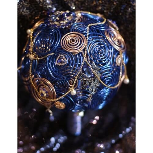 Blue jewelry brooch bouquet, star sky style wedding bride holding flowers droplets, sparkling crystal DIY bouquet