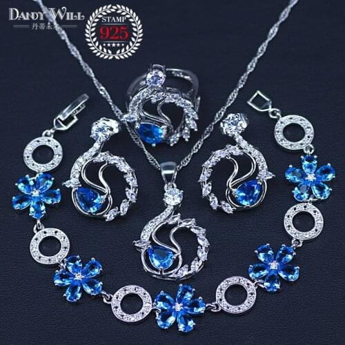 Bridal silver color Jewelry Sets Sky Blue Zirconia Stone Earrings For Women Wedding Jewelry Ring Pendant Necklace Set
