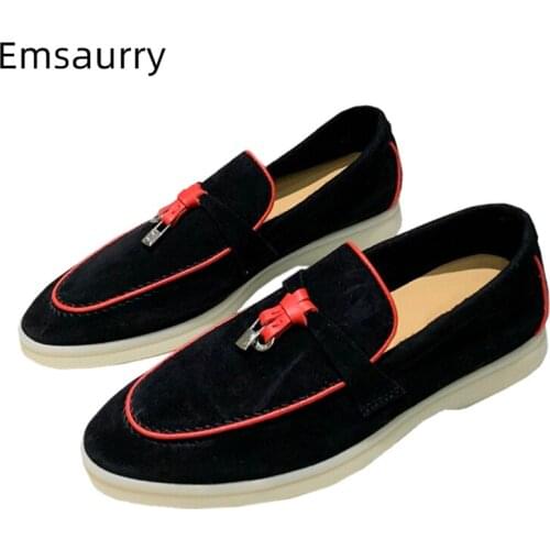 New Design Spring Casual Shoes Woman Flat Heel Round Toe String Metal Locked Decor Sewing Suede Slip-on Loafers