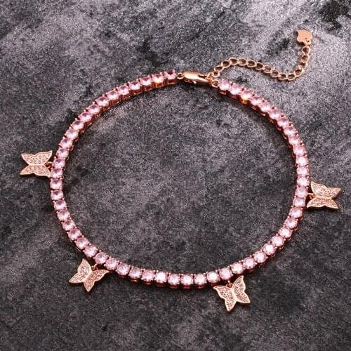 Pink CZ Stone Tennis Butterfly Women Anklet Beach Foot Chain Men Hip Hop Bling Iced Out Cubic Zirconia Bracelets Jewelry