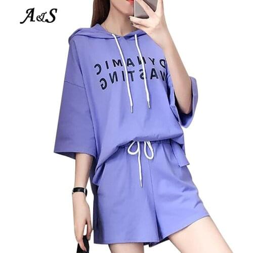 Anbenser 2 Pieces Sweatsuit Women Short Sleeve Pullover Hooded Sweatshirt + Shorts Summer Female Sporty Jogging Short Sets