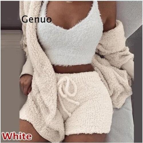 Wear Sexy Plus Size 3 Piece Set Women Crop Tops Off White Knitted Fleece Cardigan Shorts Ensemble Femme Club Outfits
