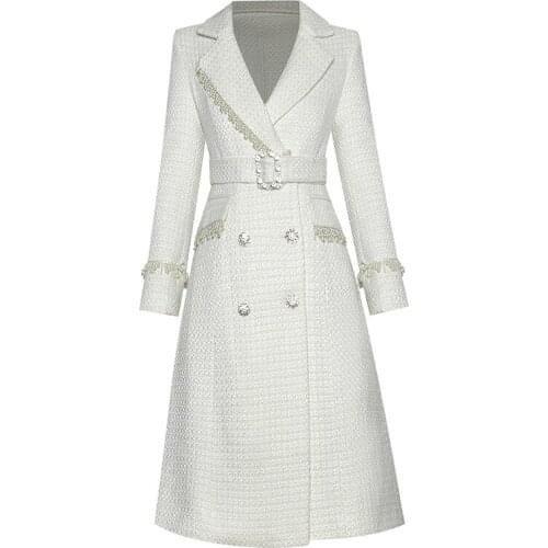 Newest HIGH QUALITY 2021 Fall Winter Designer Coat Womens Pearl Beaded Diamonds Buttons Belted Tweed Long Overcoat
