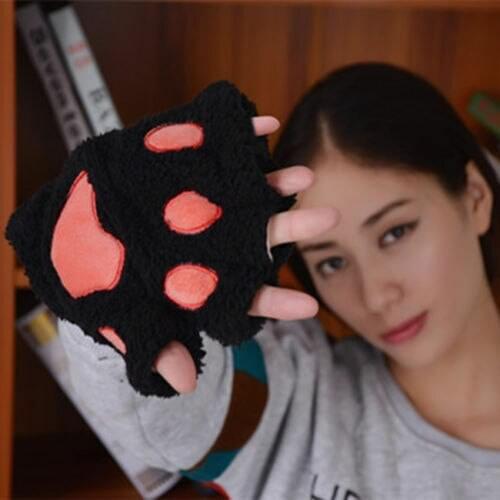 Winter Lovely Women Bear Cat Claw Paw Mitten Plush Gloves Short Finger Female