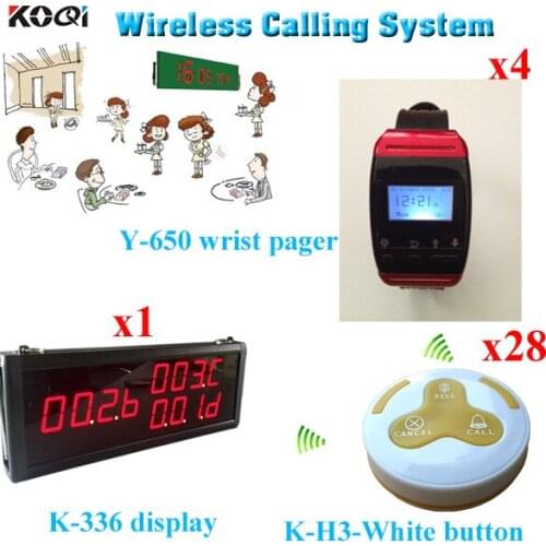 Wireless Calling System Restaurant; 28pcs Waterproof Table Button + 4pcs Wrist Pager + 1pc 3 Groups Number LED Display Receiver