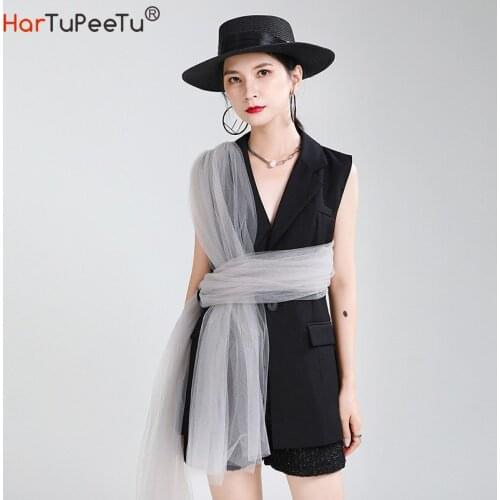 Sleeveless Black Blazer Women 2020 Autumn Fashion Match Mesh Decorate Office Lady Basic Vest Coat