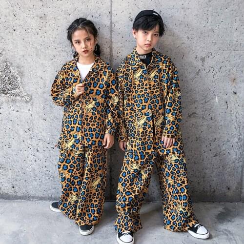 Kid Cool Hip Hop Clothing Leopard Pint Oversized Shirt Top Wide Leg Streetwear Pants for Girls Boys Jazz Dance Costume Clothes