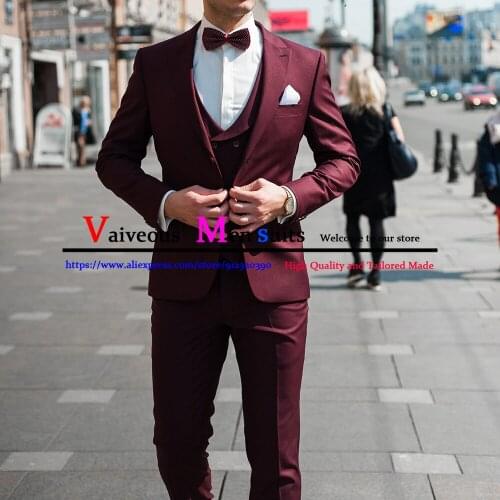 Elegant Groom Wedding Men Suits 3 Pieces (Jacket+Vest+Pants) 2021 Male Classic Business Blazer Tuxedo Burgundy Party Dinner Sets