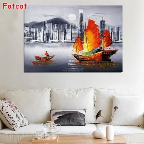 5d photo Round Diamond Painting Abstract landscape art, city, sailboat Full Drill Square Mosaic Decor Handmade Embroidery PP1924