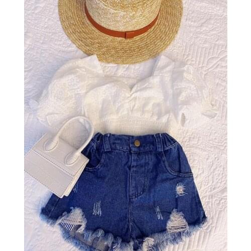 2-7Years Kids Baby Girls Clothes Set 2021 Summer Puff Sleeve Square Collar Tops + Ripped Denim Short Pants Fashion Kids Outfits