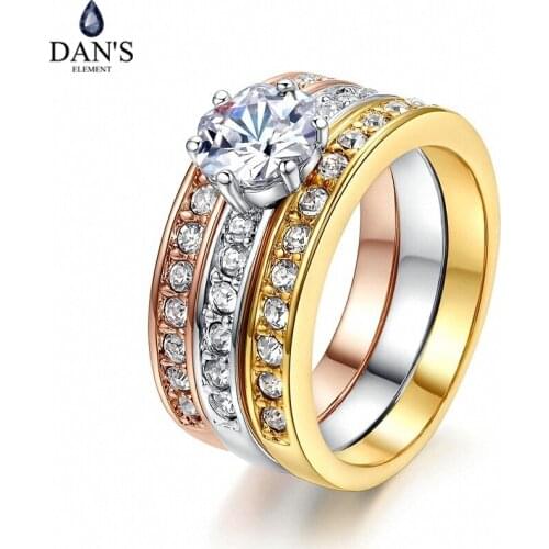 DANS ELEMENT 3 Rounds Womens Ring Set Rose Gold / Silver Color Flower Cut Crystal Wedding Jewelry Rings For Women Femal DER107