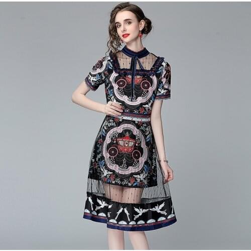 Summer Mesh Vintage Black Dresses Gauze Knee-Length Bow Short Sleeve Print Sexy Dresses Party Night Club Evening Harajuku Dress