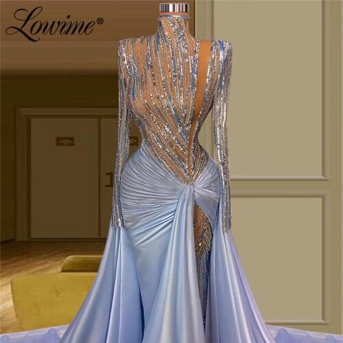 Lowime 3 Designs Blue Illusion Evening Dresses Long Beaded Luxury Party Dress For Weddings Women Arabic Mermaid Robes Prom Gowns