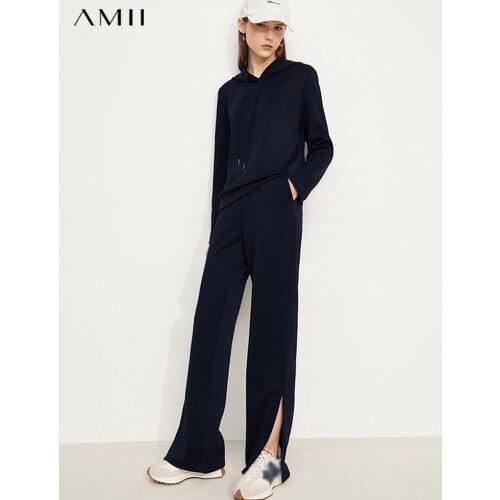 Amii Minimalism Sweatshirt Pants Set For Women Casual Embroidery Hoodies High Waist Pants Streetwear Two Piece Set 12140829
